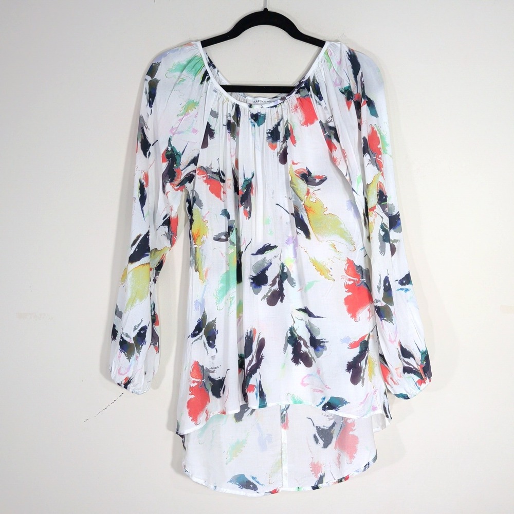 Karen by Karen Kane White Tunic; Abstract Print, Long Sleeve, High-Low Hem